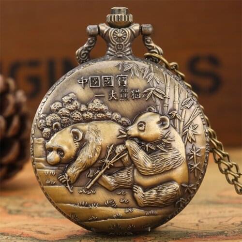 Bronze Lovely Panda Pocket Watch Quartz Necklace Pendant Clock Retro Sweater Chain Antique Souvenir Gift reloj de bolsillo