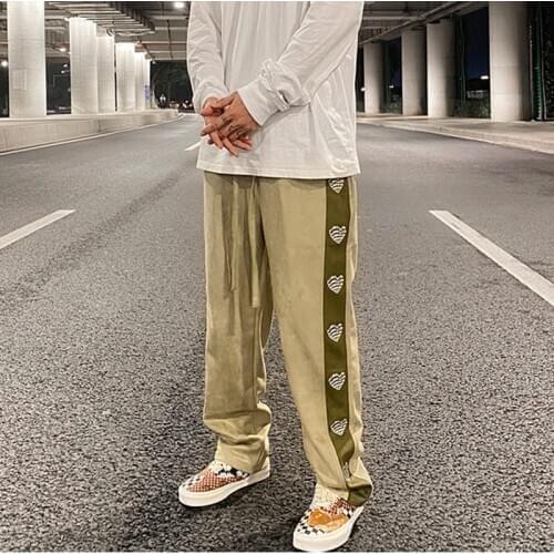 Hip Hop Suede Love Embroidered Letters Casual Pants Mens Straight Color Block Drawstring Loose Trousers High Street Track Pants