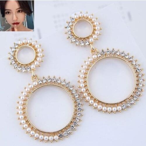 ES1132 Temperament Personality Earrings Simple Pearl Rhinestone Circle Earrings For Women Fashion Female Crystal Vintage Earring