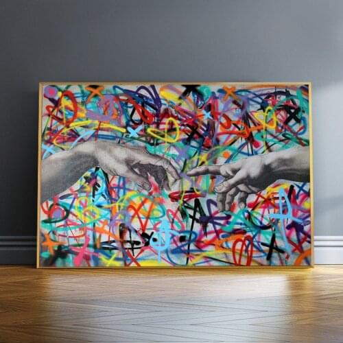 Graffiti Genesis Oil Painting on Canvas Hand In Hand HD Posters and Prints Street Wall Art Picture for Living Room Decoration