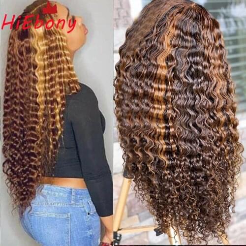 HiEbony Preplucked Remy Human Hair Lace Front Wigs Highlight Deep Wave 180% density 13x4 Lace Frontal Wigs with baby hair