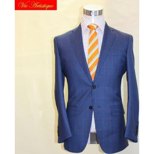 Custom tailor made Mens bespoke suit jacket pant business formal wedding ware coat blue whales plaid wool UK imported slim fit
