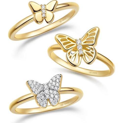Fahsion Real 925 Sterling Silver Yellow Gold Color Miss Butterfly Ring High Quality Women Fine Party Brand Jewelry Gift