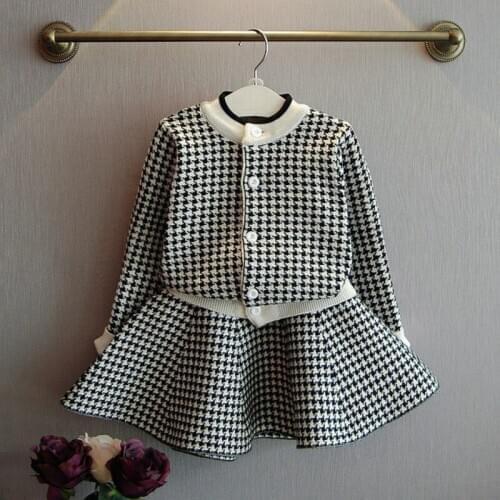 Childrens Clothing Sets 2020 Autumn Winter Girls Knitting Jacket+ Pleated Skirt 2pcs Suit Korean Fashion Princess plaid Sweater