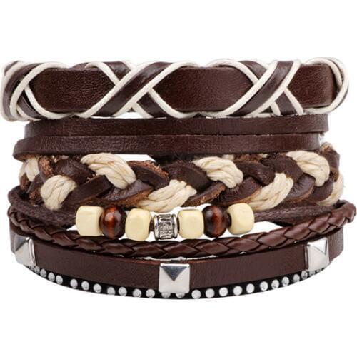 Brown Braided Multilayer Bead Women Vintage Combination Handmade Woven Punk Leather Bracelet Men Jewelry Wholesale Accessories