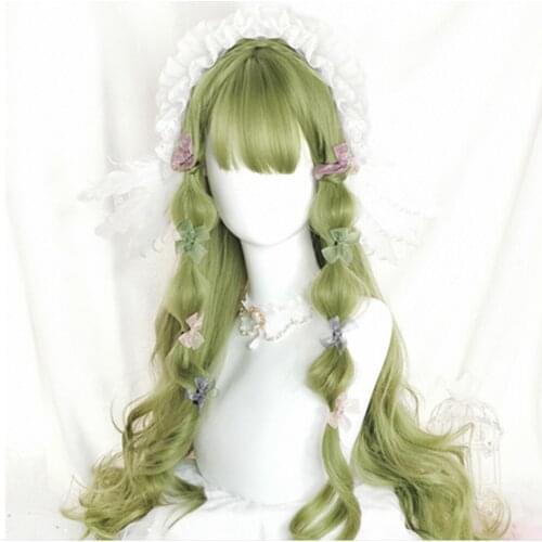 CosplayMix Lolita 65CM Cyan Green Long Wavy Bangs Heat Resistant Hair Lady Halloween Cute Party Synthetic Cosplay Wig+Cap