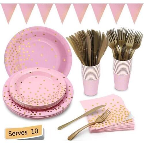Gold Dot Pink cutlery set set meal paper cup paper plate paper towel knife fork spoon one line party decoration