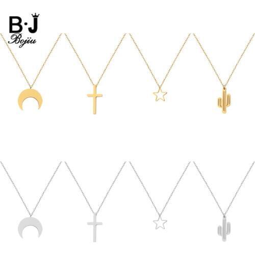 Boho Gold Silvery Cross Star Moon Cactus Stainless Steel Pendant Necklaces Women Adjustable Short Chain Choker Necklace NKS264