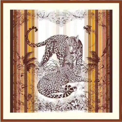 POBING 100% Real Twill Silk Scarf Women Leopard Print Square Scarves Wraps Hand Rolled Large Foulards Femme Bandana Hijab 90CM