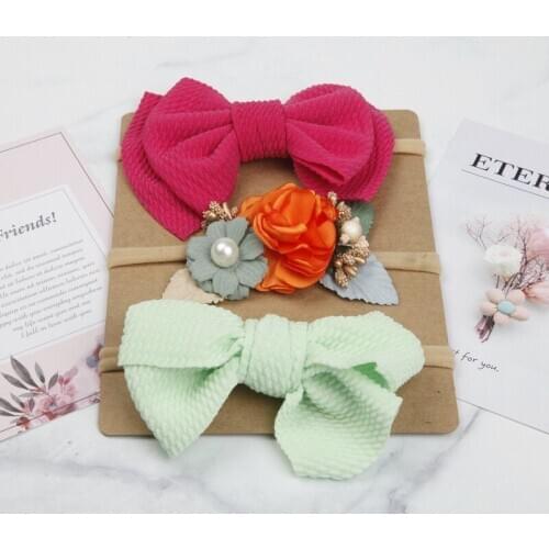 3pcs/lot Pearl Flower Chiffon Bows Baby Girl Elastic Headband Newborn Toddler Kids Khaki Nylon Headwear Hair Accessories Sets