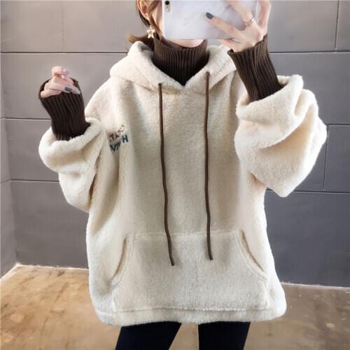Plus size velvet fake two-piece lamb plush sweater womens autumn winter Korean style sweatshirt loose oversize harajuku hoodie