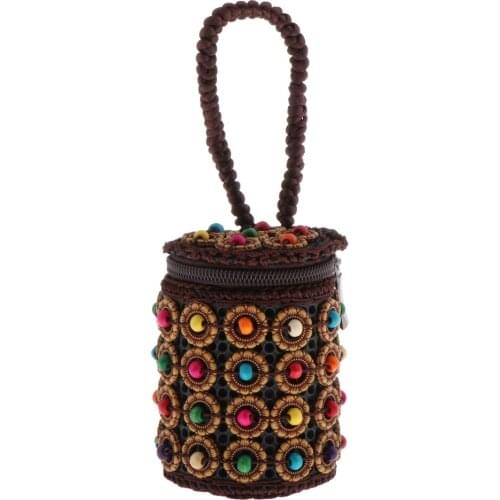 Retro Mini Barrel Jewelry Storage Bag Colorful Beads Woven Wristlet Clutch