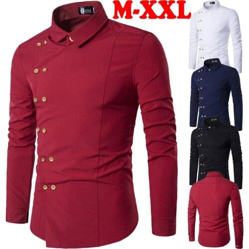 Four Seasons Shirts Mens Personality Oblique Buckle Irregular Double-breasted Mens Dress Shirts Mens Slim Shirts