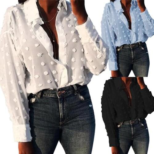 Polka Dot Woman Blouses Solid Color Turn Down Collar Long Sleeve Blouse Shirt Elegant Casual Blouse Female Tunic Top Shirts