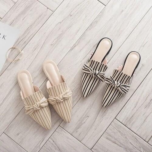 Maogu Flat Slippers Women New 2021 Summer Sandals Fashion Striped Slides Bow Indoor Flip Flops Fashion Plus Size Shoes Women
