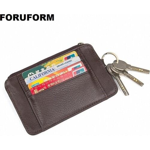 Slim Card Holder With Key Ring Coin Pocket Mens Credit Card Holders For Car Key Genuine Leather Zipper Card Wallet LI-2093