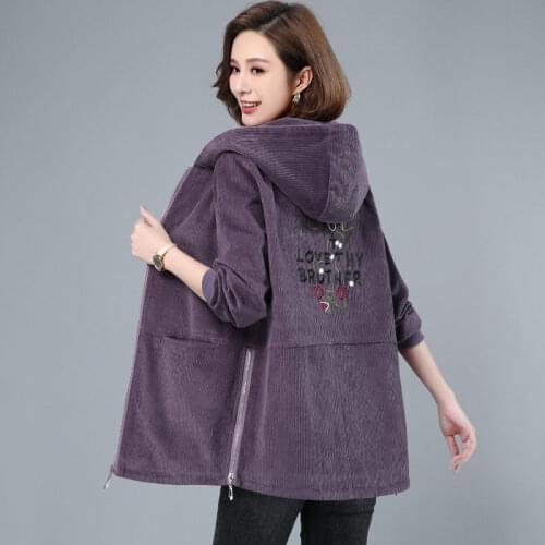 Korean Casual Embroidered Corduroy Hooded Windbreaker Jacket Mid-Length Plus Size Middle-Aged Spring Fall Womens Clothing M24