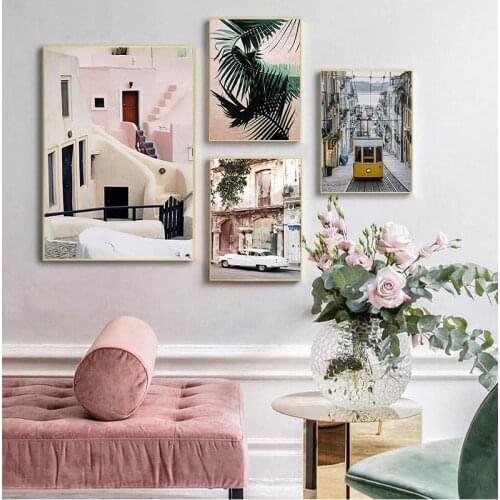 Yellow Bus Old Street House Vintage Poster City Landscape Nordic Art Canvas Print Painting Wall Picture Home Decoration