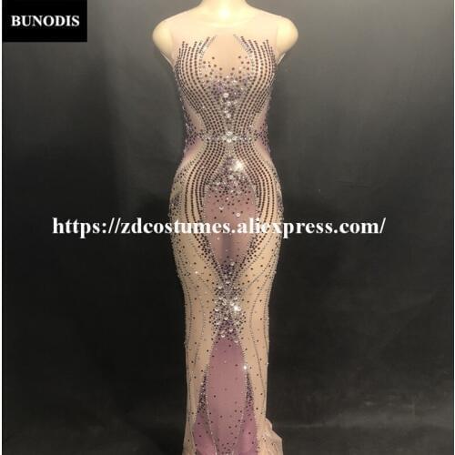 ZD28502 Hot Sell Net Yarn Series Sexy Bling Long Skirt Sleeveless 6000pcs Purple Glass Sparkling Crystals Fashion Star Costumes