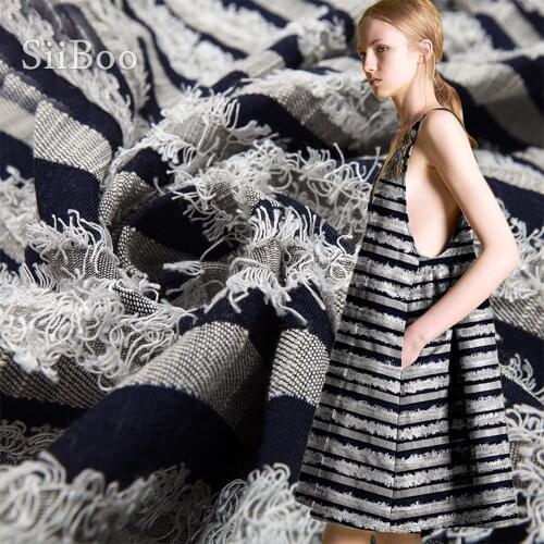 American style grey blue stripe tassel jacquard brocade fabric apparel for dress coat tissue cloth tela tecido stoffen SP5566