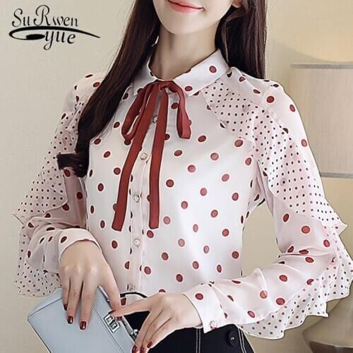 Long Sleeve Women Blouse Autumn 2021 New Fashion Dots Shirt Women with Ruffles Bow Chiffon Shirt Slim Fit Lady Clothing 2195