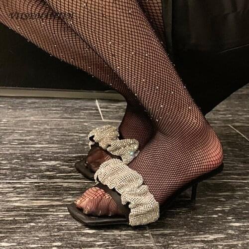 Summer new style black ladies elegant fairy style square toe open-toed sheepskin crystal stiletto high heel sandals and slippers