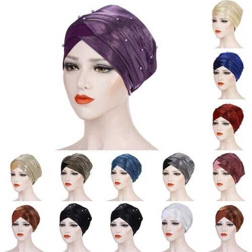 Women Stitching Headscarf Bonnet Muslim Women Beading Turban Caps Female Pleats Turban Ladies Bright Silk Cloth Turbante