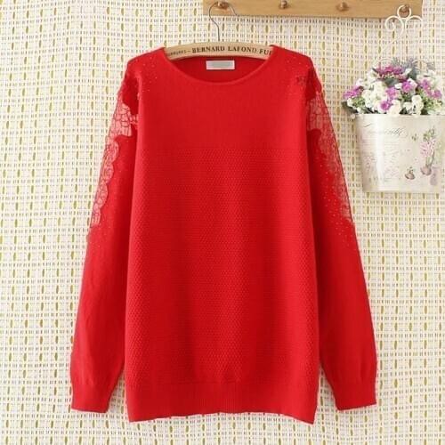 Plus size Lace sleeve Hollow out red women wool loose sweater 2017 winter pullovers ladies casual O-neck christmas sweater