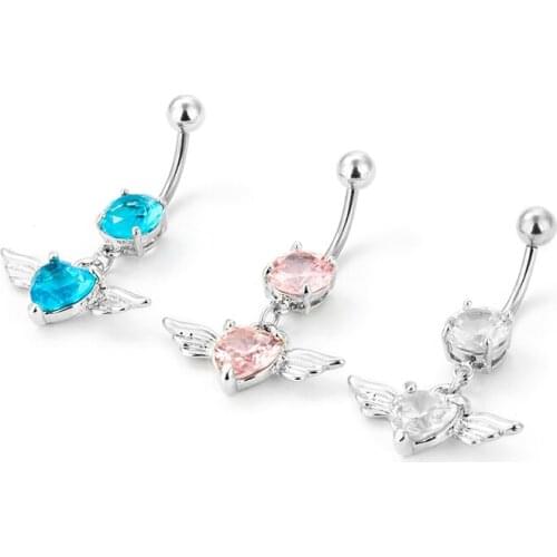 Women Fashion Piercing Pink Color Crystal Heart Wing Belly Navel Ring Dangle Personality Body Jewelry Accessories