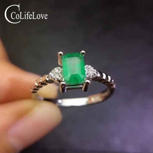 CoLife Jewlery Emerald Engagement Ring for Woman 4*6mm Natural Emerald Ring 925 Silver Emerald Jewelry Birthday Gift for Woman