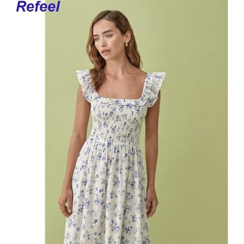 Chic Blue Floral Print Ruffles Midi Dress Retro Elastic Sexy Vestidos Vintage Tube Top Women Tank Dress
