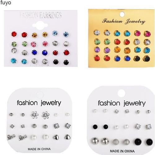 12 pair/set Women Crystal Ball Stud Earrings Set for Women Piercing Simulated Pearl Flower Party Statement Brincos Earrings Sets