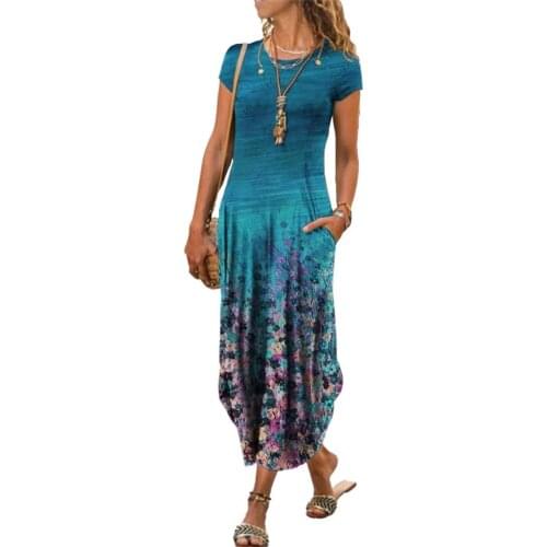 2021 Fashion Retro Women Dress Round Neck Short Sleeve Pockets Floral Print Loose Maxi Boho Style Polyester Dress for Party