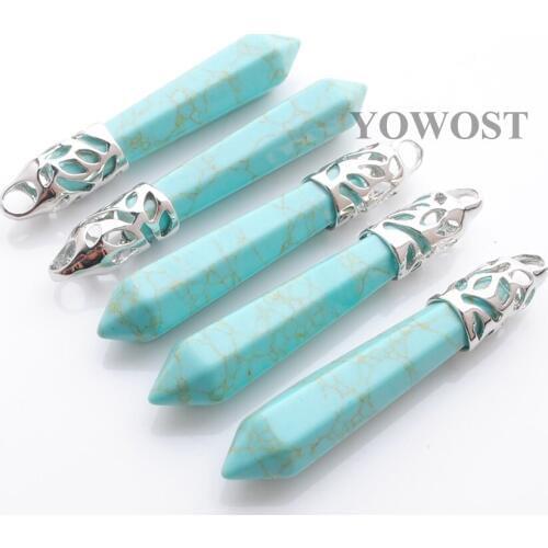5Pcs/lot Real Raw Hexagonal Bullet Pointed Reiki Chakra Dangle Pendants Stone Beads Natural Turquoises Pendant Jewelry QN3000