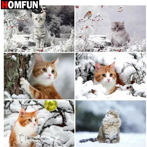HOMFUN Full Square/Round Drill 5D DIY Diamond Painting "Animal cat snow scene" Embroidery Cross Stitch 5D Home Decor Gift