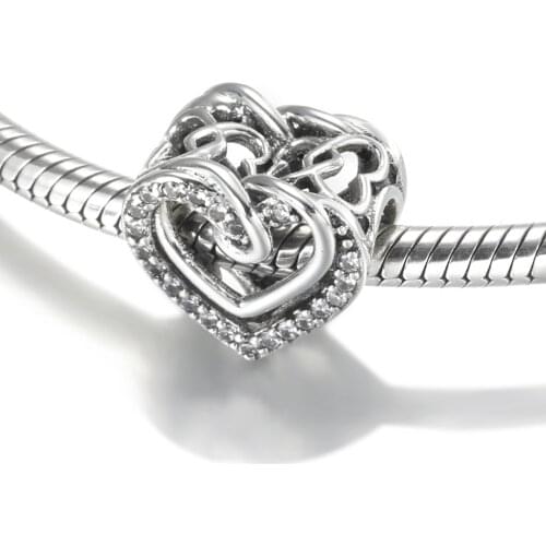 Authentic S925 Silver Bead DIY Jewelry Sparkling Entwined Hearts Charm fit Lady Bracelet Bangle