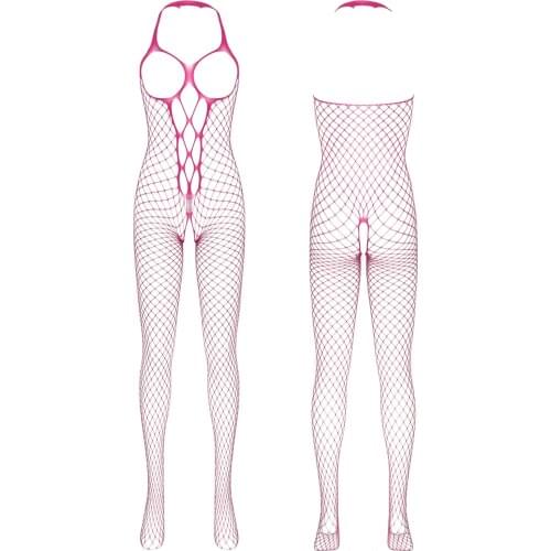Fishnet Bodysuit Sexy Lingerie for Women Hollow Out Full Bodystocking Halter Neck Open Cup Open Crotch Closed Toes Bodystocking