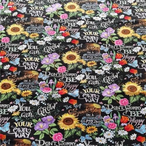 Sunflowers I've Got Sunshine Blackboard Drawing Black 100% Cotton Fabric for Girl Skirts Cushion Cover Curtain Sewing DIY