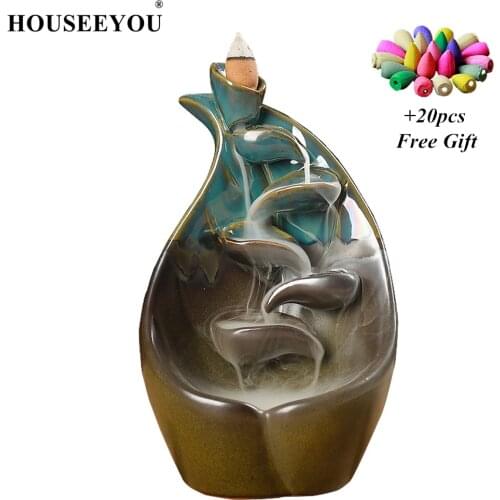 HOUSEEYOU Lotus Backflow Incense Burner Holder Waterfall Ceramic Aromatherapy Furnace Smell Aromatic Incense Road Censer Crafts