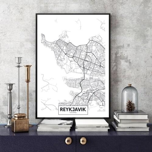 Famous City Map Iceland Reykjavik Print Canvas Painting Wall Art Pictures Black White Posters Prints Living Room Home Decor