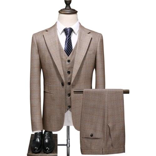 Suit + vest + pants)Classic plaid men wedding suit slim 3 piece men suit best man group groom coat business party tuxedo plaid