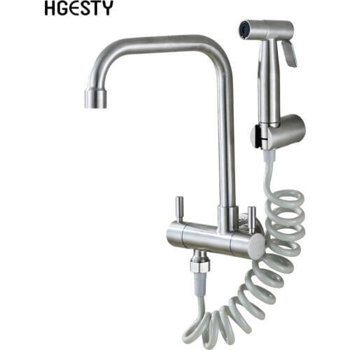 Wall Mount Kitchen Faucet Stainless Steel Cold Water Tap Quick Open Balcony Laundry Pool Faucet With Bidet Sprayer Shower Nozzle