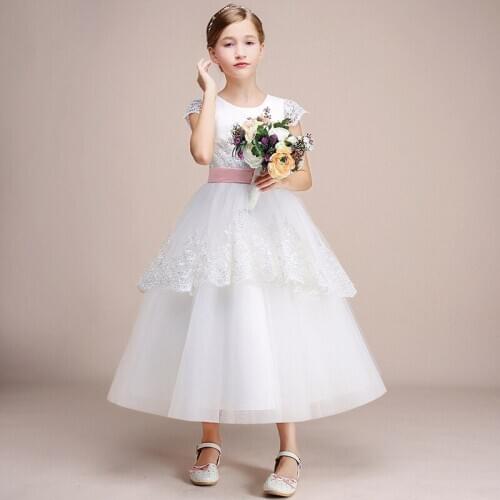 Lovely Girl Dress 2020 Wedding Party Ivory Flower Girl Dresses Cap Sleeves Pink Bow Sash Kids Formal Wear