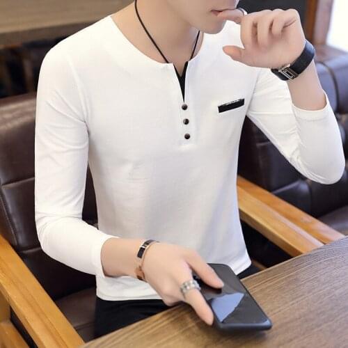 Mens clothing spring and autumn mens long sleeve T-shirt trend solid color Pullover V-neck t-shirt men t shirt