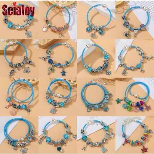 Seialoy Fashion Summer Ocean Style Cyan Leather Bracelets For Women Men Sea Animals Beads Crown Heart Charm Bracelet Souvenir