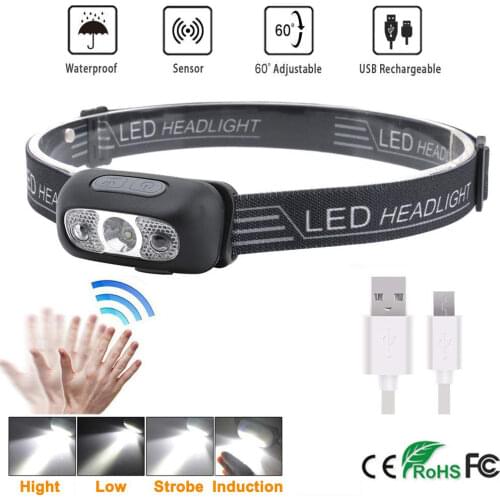Super Bright LED Sensor Headlamp Lightweight Head Lamp USB Rechargeable Headlight 5 Mode Head Torch for Running Camping and Kids
