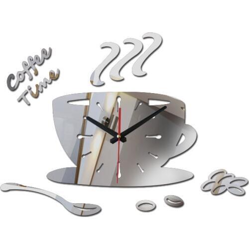 Fashion home decoration 3d acrylic mirror wall clocks modern living room still life wall clock quartz needle watch coffee cup
