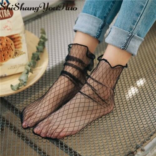 Shishangyouhuo 4pcs=2pairs/lot Fishnet Sheer Silk Socks Summer Crystal Lace Mesh Short Calcetines Socks Girl Meias Women CW11