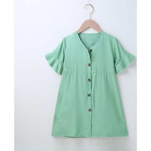 New Kids Clothes Summer Dress for Girl Solid Single Breasted Short Flare Sleeve Girl Dresses Sweet Casual Baby Girl Clothes 2-7Y