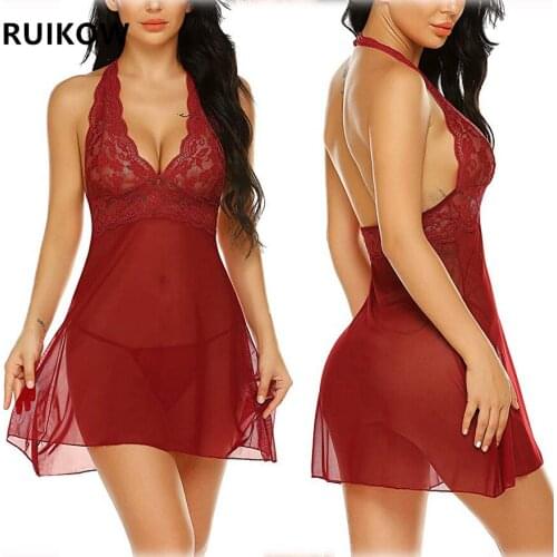New Arrival Girls Lace Nightdress with G-String Chemise Dress Underwear Halter Sleepwear Women Sexy Lingerie Set Ladies Costumes
